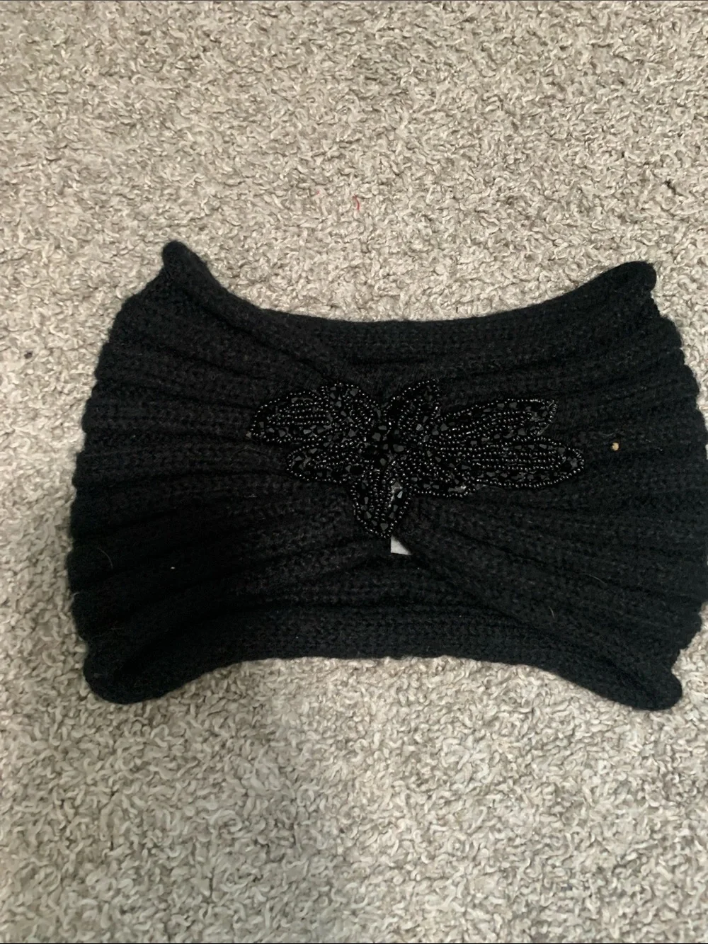 C.C. Black Knit Headband with Beaded Detail